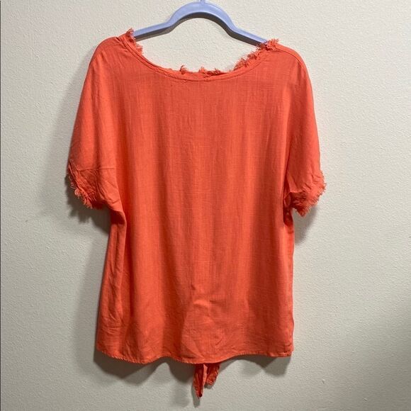 Umgee USA Linen Blend Tie Front Top Medium Orange Fringe Hem Boho Casual Blouse - Picture 7 of 10